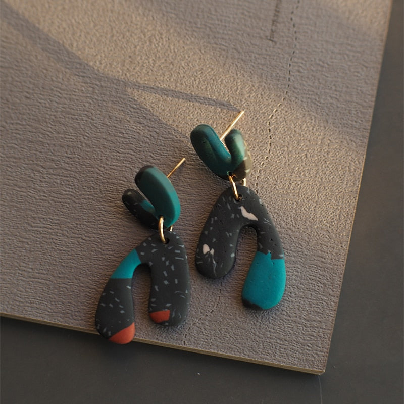 Asymmetric Polymer Clay Earrings - Blue Multi