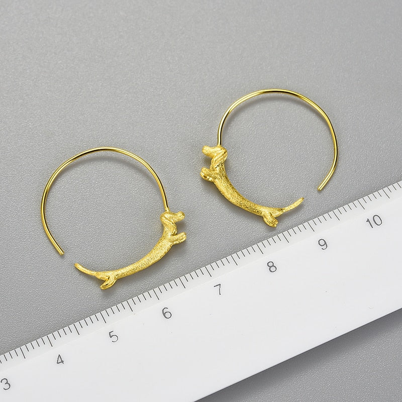 Flying Dachshund Dog Big Round Hoop Earrings Sterling Silver 18K Gold
