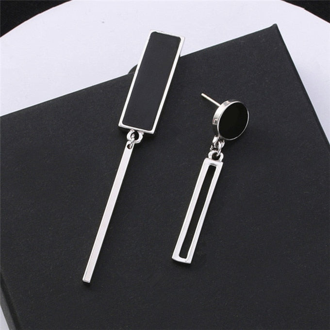 Asymmetry Round Geometric Rectangle Black Crystal Earrings